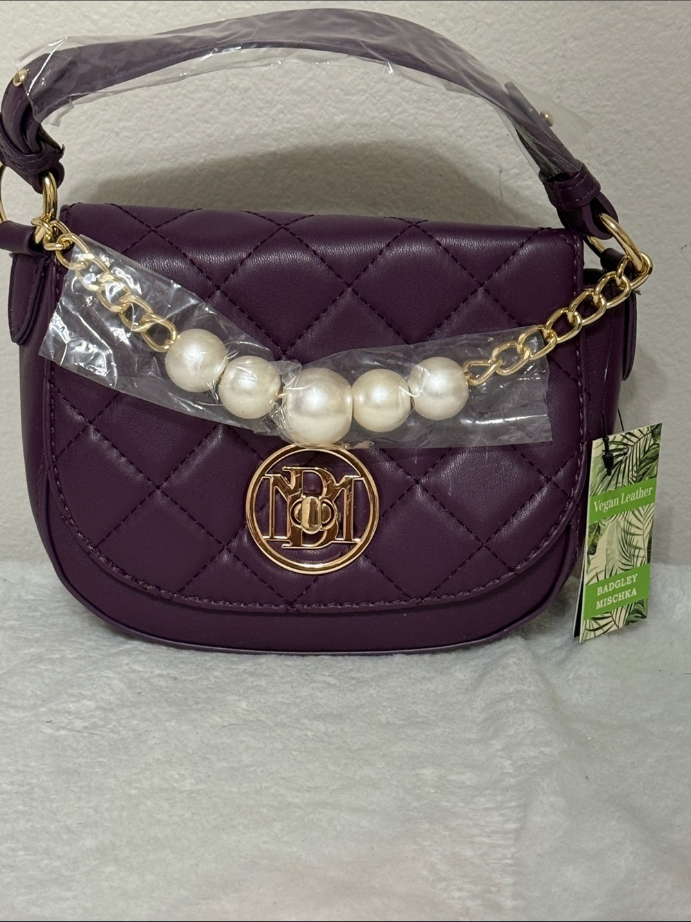 Badgley Mischka Quilted Deep Purple Pearl-Accent Shoulder Bag